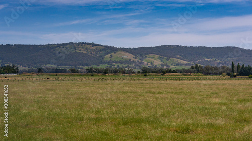 Melbourne, Australia - November 15, 2009: Outside city near Mount Dandenong. Wide landscape with green meadow and forested hills in back under blue cloudscape.  photo