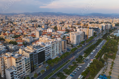 Limassol, Republic of Cyprus, aerial cityscape. Many buildings of resort town, drone photo.