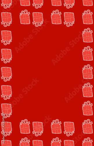 Red background with gifts and place for text, doodle style christmas card vertical