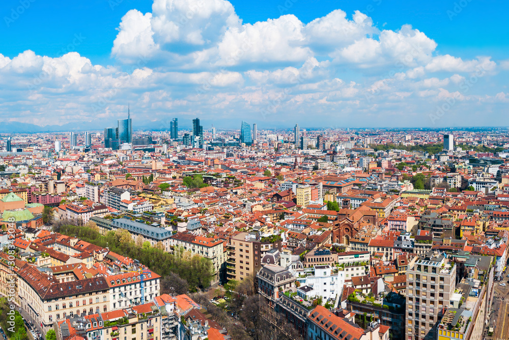 Milan aerial panoramic view, Italy - obrazy, fototapety, plakaty 