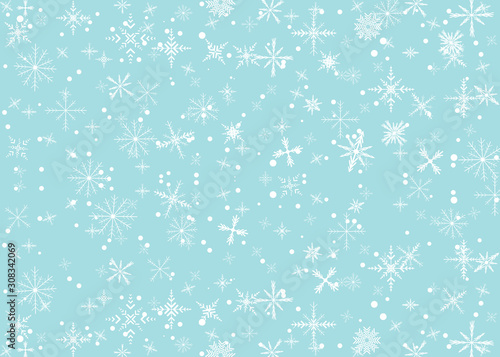 Christmas Snowflakes Shining, transparent beautiful falling snow isolated on blue background. Vector snowflake illustration. Fashion snowfall decoration design.