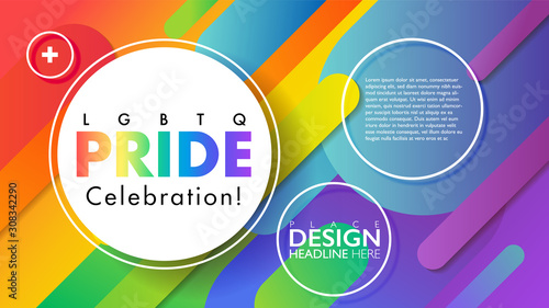 Rainbow geometric round objects abstract background. Colorful LGBTQ pride celebration banner. Vector illustration template. photo