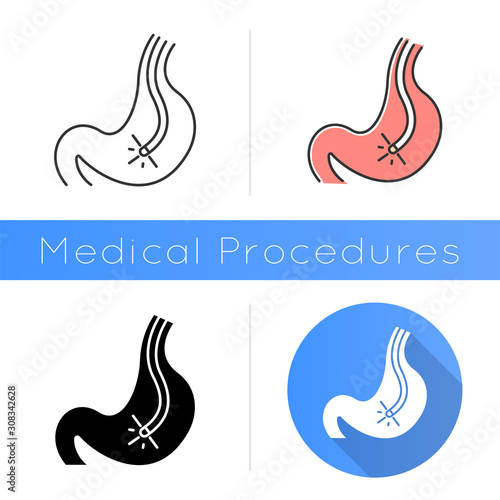 Endoscopy icon. Gastroscopy process. Medical nonsurgical procedure. Healthcare services. Disease diagnostics. Visual inspection. Flat design, linear and color styles. Isolated vector illustrations photo