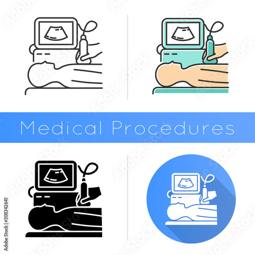 Ultrasound diagnostics icon. Ultrasonography. Medical procedure. Healthcare services. Patient chest examination. Disease treatment. Flat design, linear and color styles. Isolated vector illustrations