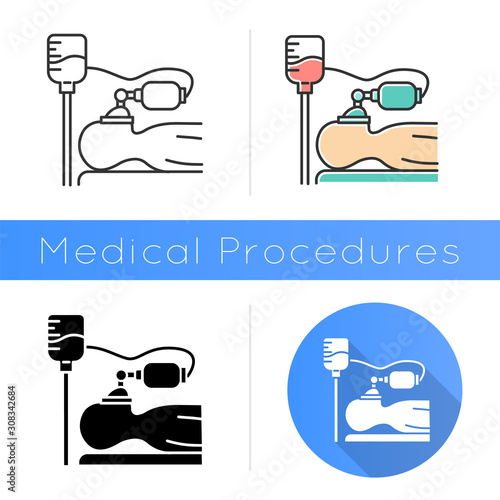 Anesthesia icon. Medical procedure. Apnea stage. Liquid induction. Patient unconscious. Dropper. Disease treatment, illness aid. Flat design, linear and color styles. Isolated vector illustrations