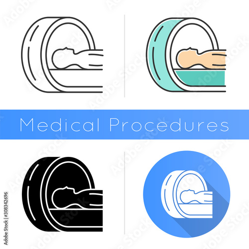 Tomography icon. Brain scan. Cancer tumor risk check. Illness diagnosis. Disease examination. Hospital equipment. Health evaluation. Flat design, linear and color styles. Isolated vector illustrations