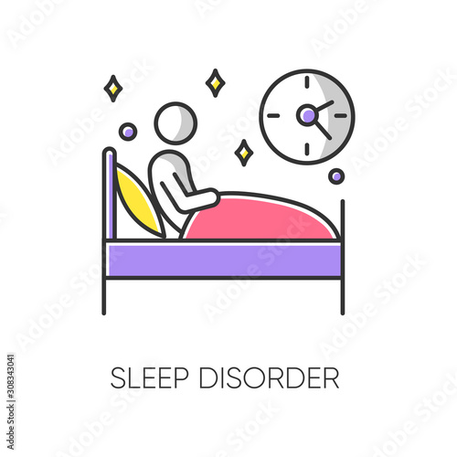 Sleep deprivation color icon. Insomnia. Man alone in bed. Awake at night. Sleeplessness. Disturbed sleep. Nightmare and night terror. Dyssomnia. Mental disorder. Isolated vector illustration photo