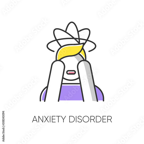 Anxiety disorder color icon. Fear and worry. Depressed man. Panic attack. Distress. Headache and migraine. Confused thoughts. Mental problem. Stress and tension. Isolated vector illustration