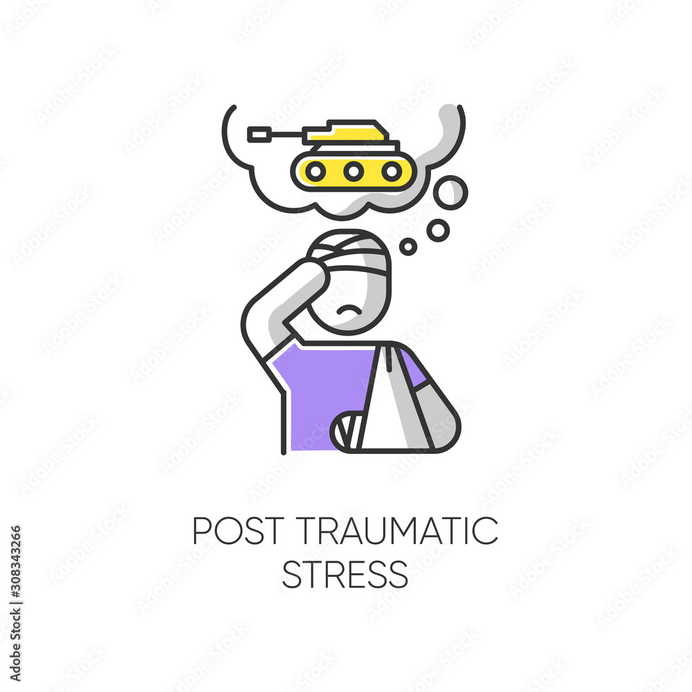 Post-traumatic stress color icon. Veteran with anxiety. Depressed soldier. Loneliness and sorrow. Distress thoughts of war. PTSD psychotherapy. Mental disorder. Isolated vector illustration Post-traumatic stress color icon. Veteran with anxiety. Depressed soldier. Loneliness and sorrow. Distress thoughts of war. PTSD psychotherapy. Mental disorder. Isolated vector illustration