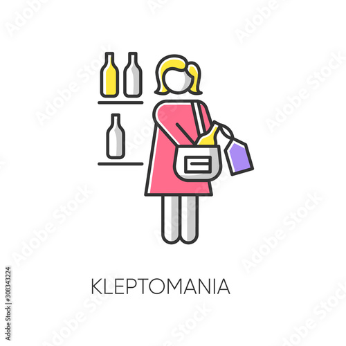 Kleptomania color icon. Woman stealing alcohol. Substance abuse. Obsessive-compulsive spectrum. Mental disorder. Person hiding beverage. Psychiatric issue. Isolated vector illustration