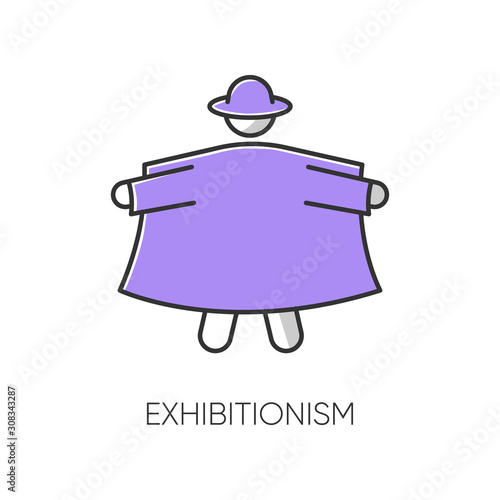 Exhibitionism color icon. Nude body exposure. Pervert in open coat. Deviation and perversion. Inappropriate erotic behaviour. Paraphilia. Mental disorder. Isolated vector illustration
