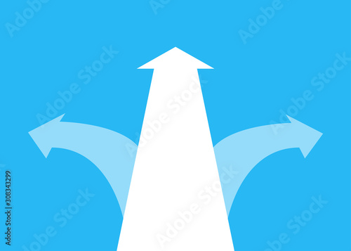 Business white arrow decision concept on blue background. Vector illustration.