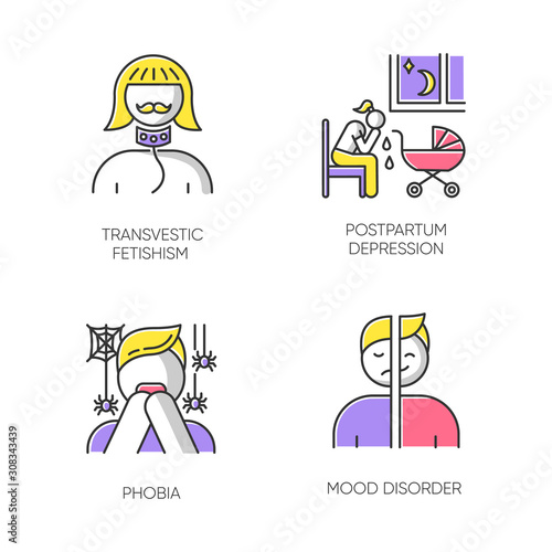 Mental disorder color icons set. Transvestic fetishism. Postpartum depression. Phobia. Panic attack. Mood disorder. Deviation and perversion. Woman crying. Isolated vector illustrations