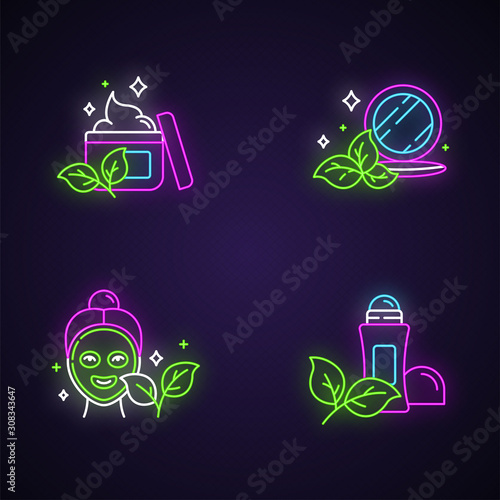 Organic cosmetics neon light icons set. Face cream. Pressed makeup powder. Face mask. Deodorant, antiperspirant. Paraben free beauty products. Skincare. Glowing signs. Vector isolated illustrations