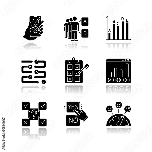 Survey drop shadow black glyph icons set. Online poll. Choose option. Select answer. Approve, disaprrove. Social opinion. Mass poll. Written test. Statistics infograph. Isolated vector illustrations