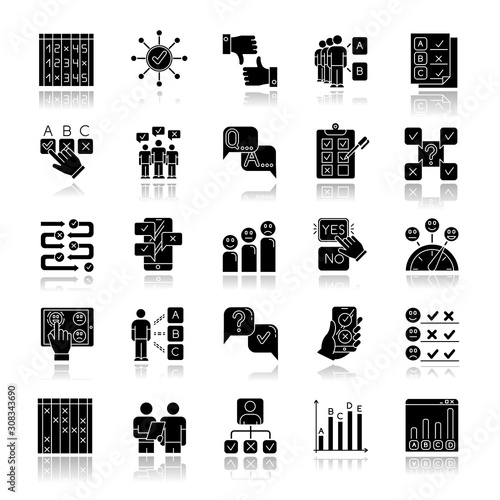 Survey drop shadow black glyph icons set. Question and answer. Social poll. Group survey. Interview. Positive and negative feedback. Statistics analysis. Yes, no. Isolated vector illustrations