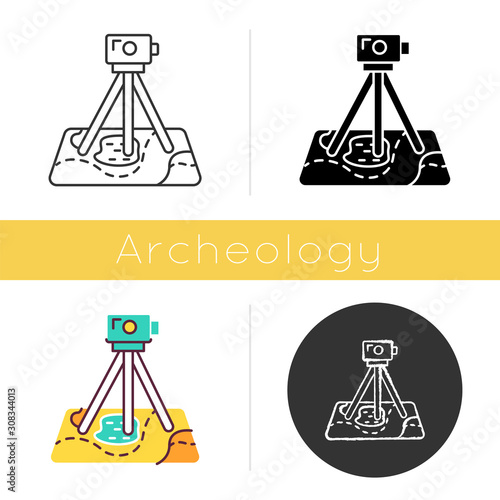Field survey icon. Research equipment. Archeological exam. Digital tool on map. Geological inspection. Topographic data gathering. Flat design, linear and color styles. Isolated vector illustrations