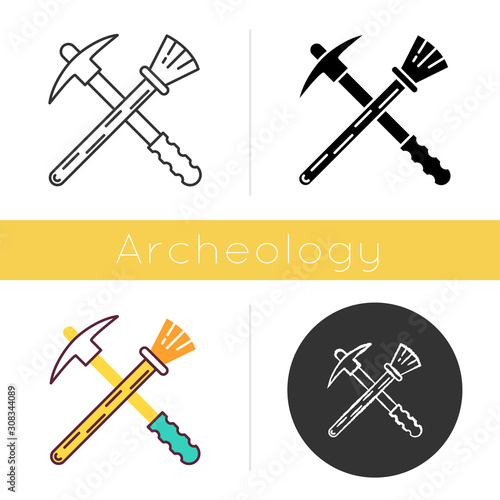 Archeologist tools icon. Restoration. Renovation. Reconstruction of ancient artifact. Discovery and exploration. Paleontology. Flat design, linear and color styles. Isolated vector illustrations
