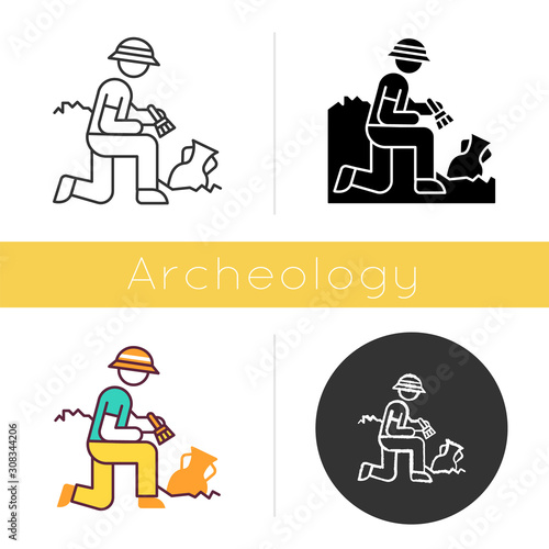 Excavation icon. Archeologist. Researcher. Ancient culture. Artifact in ground. Man search old treasures. Historian discover vase. Flat design, linear and color styles. Isolated vector illustrations