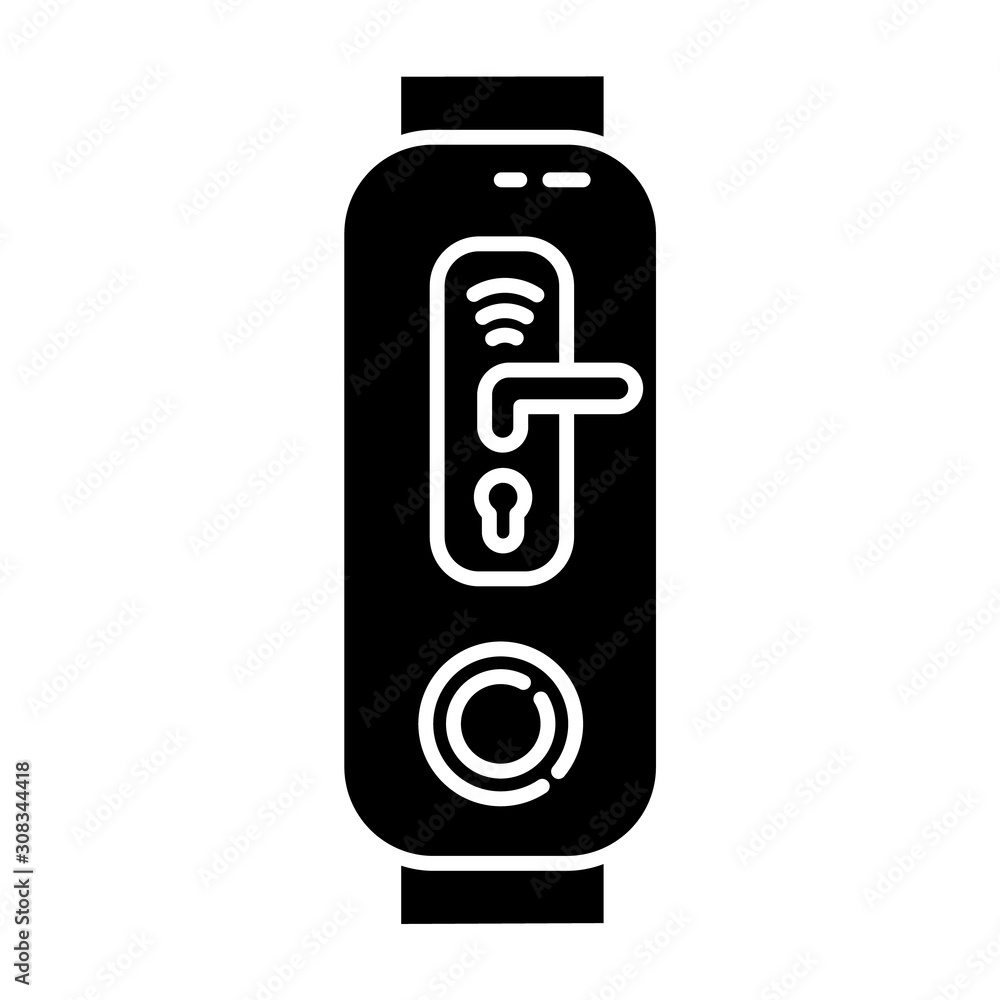 Fitness tracker with digital door lock function glyph icon. Device with innovative smart home control option. Door handle and wifi sign. Silhouette symbol. Negative space. Vector isolated illustration Fitness tracker with digital door lock function glyph icon. Device with innovative smart home control option. Door handle and wifi sign. Silhouette symbol. Negative space. Vector isolated illustration