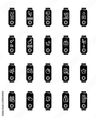 Fitness tracker functions on display glyph icons set. Wellness device with health monitoring. Fitness app and smartphone notifications synchronization. Silhouette symbols. Vector isolated illustration