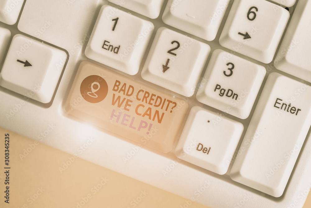 Writing note showing Bad Credit Question We Can Help. Business concept for offering help after going for loan then rejected White pc keyboard with note paper above the white background