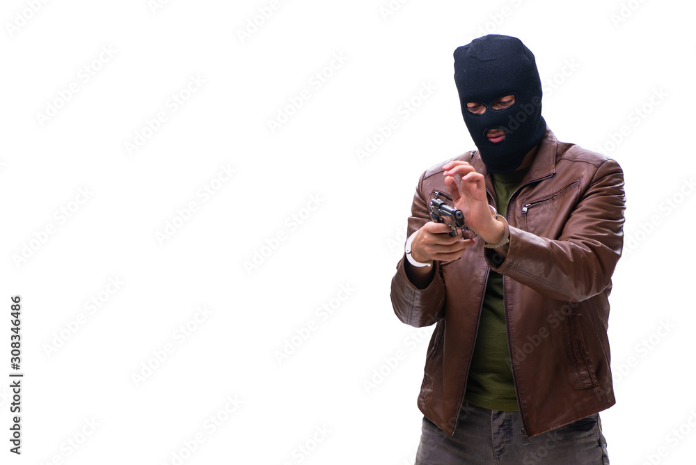 Robber wearing balaclava isolated on white background Robber wearing balaclava isolated on white background