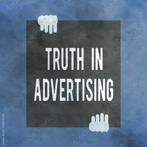 Word writing text Truth In Advertising. Business photo showcasing Practice Honest Advertisement Publicity Propaganda Two hands holding big blank rectangle up down Geometrical background design photo