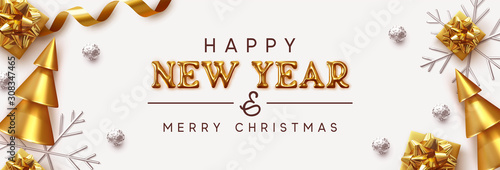Happy New Year banner. Xmas design gold gifts box, 3d metal snowflakes, golden cone-shaped Christmas trees, Horizontal posters, greeting cards, headers for website. Objects viewed from above. top view