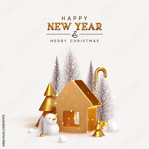 Happy New Year! Christmas trees lush and 3d golden conical fir, winter snow composition. Gold house. New Year Gold metal volumetric title text. Xmas holiday gift card. Creative stylish background