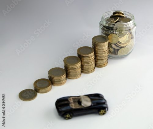 Pile of mixed iron money coins background, Car Loan, personal finance credit
