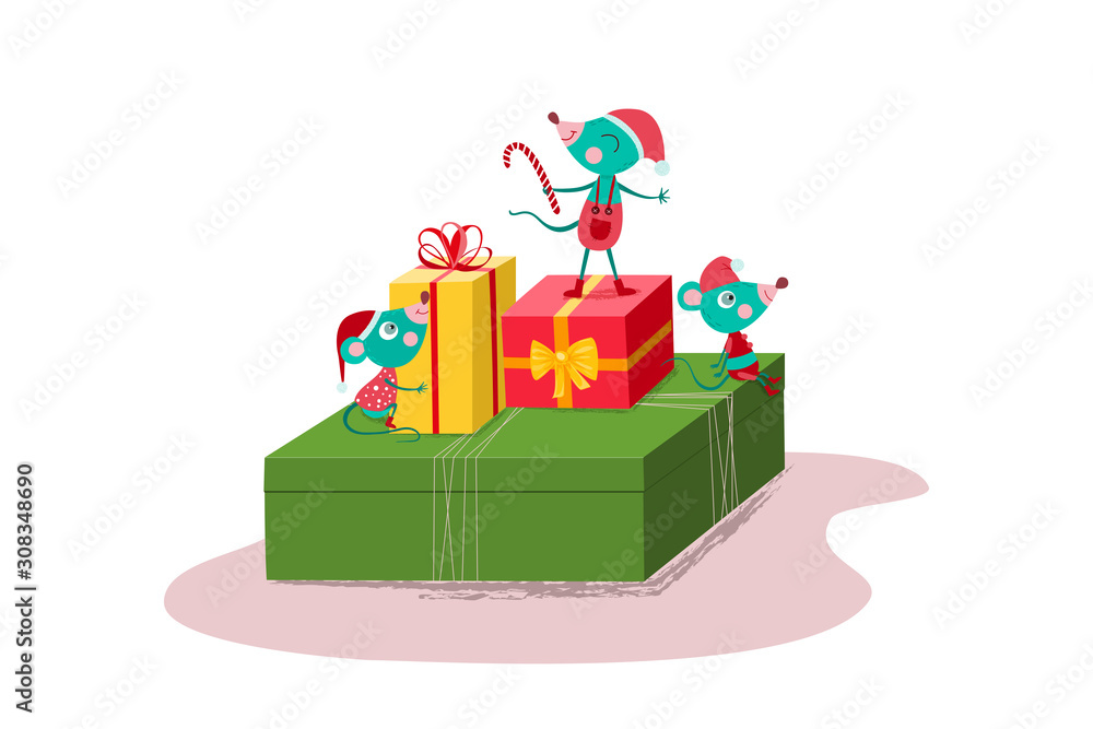 Obraz premium Cute and happy mice sittng and standing on gift boxes