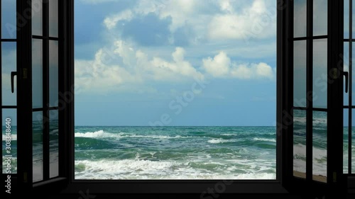 Animation view of the hotel window on the sea and the waves. Weekend trip, spa relaxation