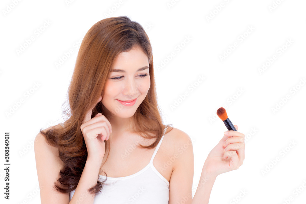 Beauty of portrait asian woman applying make up with brush of cheek isolated on white background, beautiful of girl holding blusher, skincare and cosmetic concept. Beauty of portrait asian woman applying make up with brush of cheek isolated on white background, beautiful of girl holding blusher, skincare and cosmetic concept.