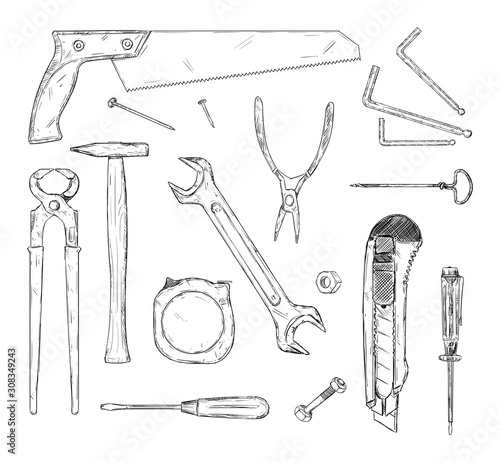 Vector hand drawn black and white illustration of set of working tools. Hammer, wrench,saw,pliers,screwdriver, tape measure and more.