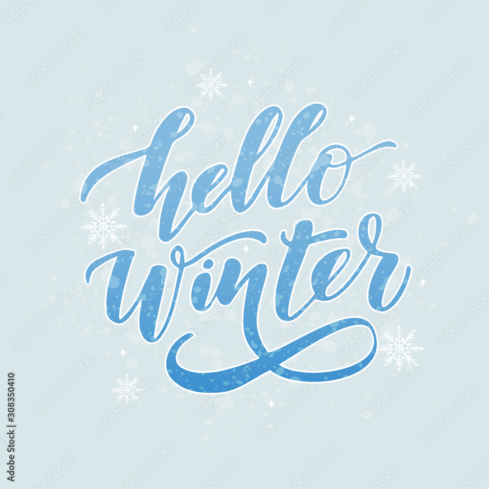 Hello Winter hand drawn lettering.Design for invitation, greeting card, prints, posters and t-shirt. Vector illustration.