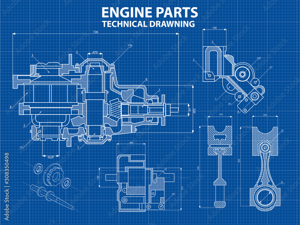 Technical blue background with drawings of details and mechanisms ...