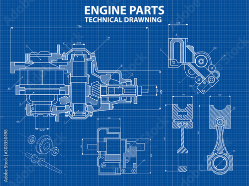 Technical blue background with drawings of details and mechanisms.Engine line drawing background. Vector illustration