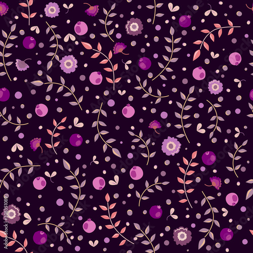 Seamless vector dark purple pattern with leaves, flowers and pomegranates