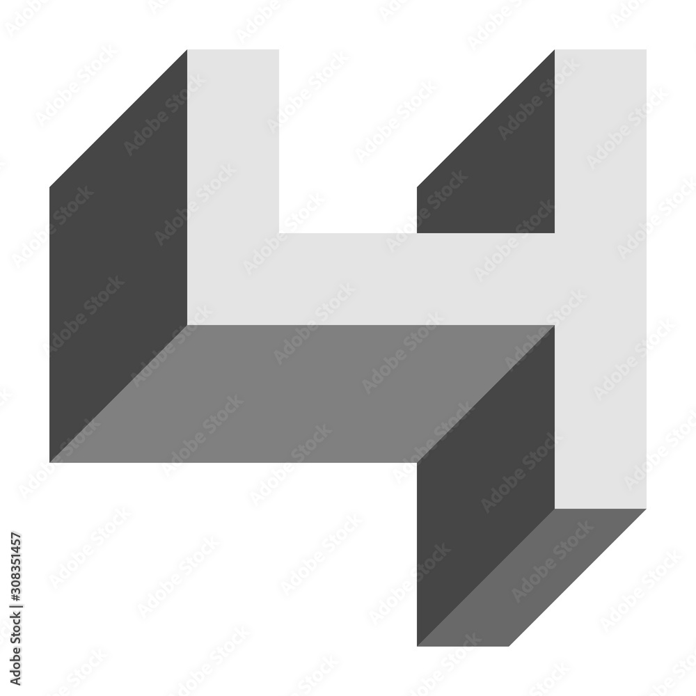 Letters and numbers - isometric cubic font 3d, front top down left view - bright gray number 4 - vector Letters and numbers - isometric cubic font 3d, front top down left view - bright gray number 4 - vector