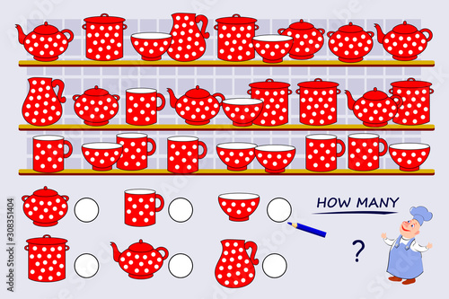 Math education for young children. Help the cook count quantity of each of dishes and write the numbers. Developing counting skills. Printable worksheet for kids school book. Vector cartoon image.