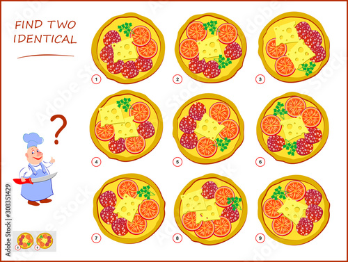 Logical puzzle game for children and adults. Need to find two identical pizzas. Educational page for kids. IQ training test. Printable worksheet for brain teaser book. Vector cartoon image.