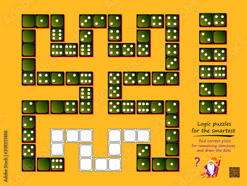 Logic puzzle game for children and adults. Find correct place for remaining dominoes and draw dots. Printable page for kids brain teaser book. Developing math, counting and spatial thinking skills.