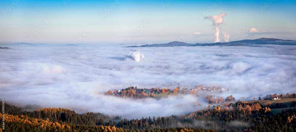 Sunrise over Liberec, view from viewpoint Cisarsky kamen, Jested mountain, Czech Republic