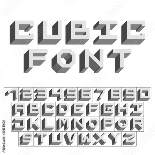 Letters and numbers - isometric cubic font 3d, front top down left view - bright gray letter and number set - vector