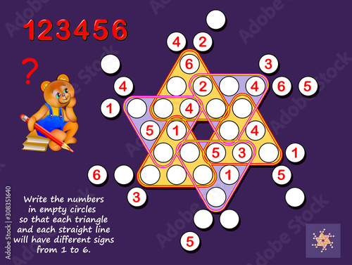 Logic puzzle Sudoku game for children and adults. Write the numbers in empty circles so each triangle and each straight line have different signs from 1 to 6. Print for kids brain teaser book.