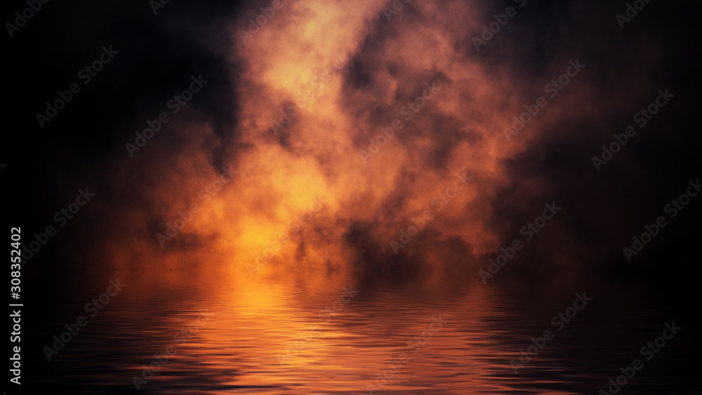 Flame smoke with reflection in water . Mystery coastal fire on the shore .