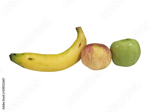 bananas and apples on white background.