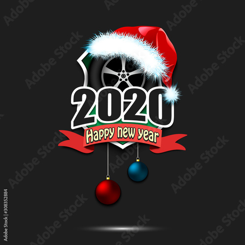 Happy new year 2020 and car wheel in santa hat