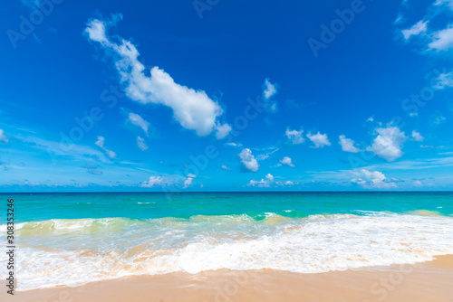 Colorful sea beach wave with blue sky fluffy cloud